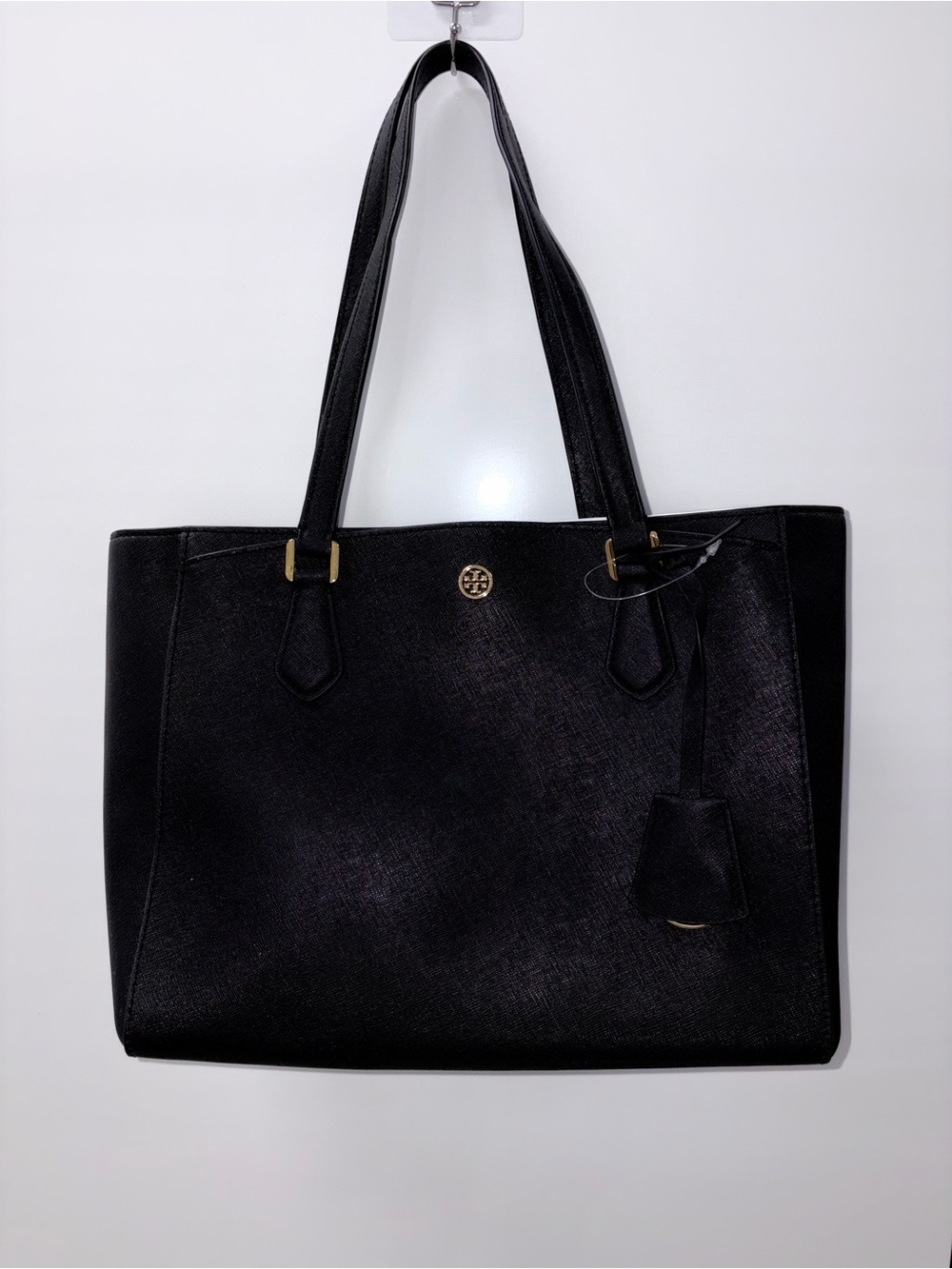 Tory Burch Black Leather Saffiano Tote with Gold Logo